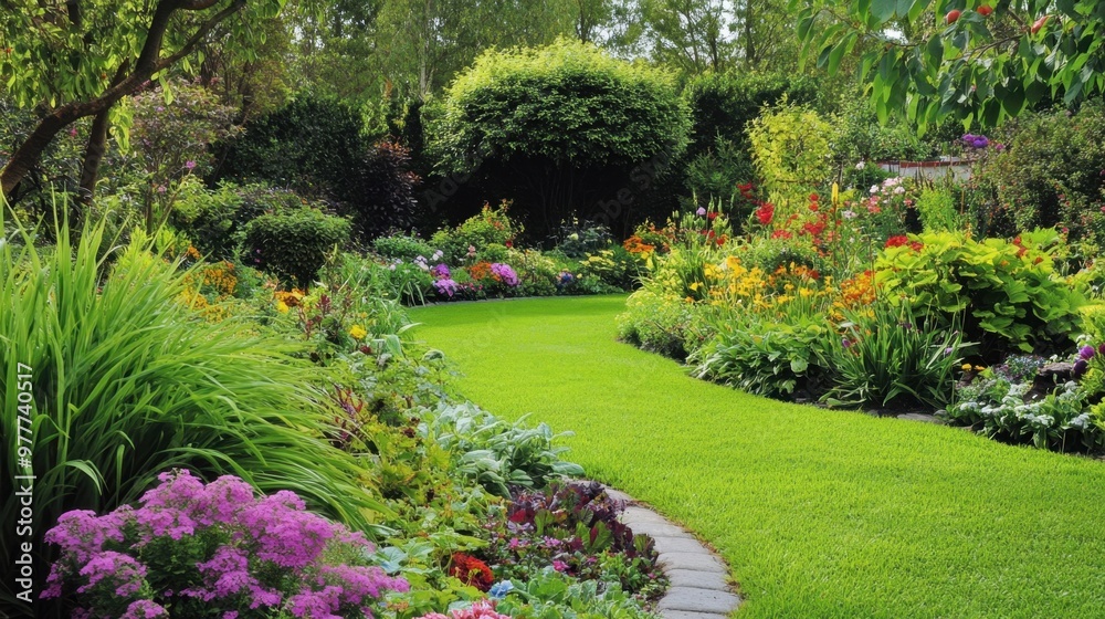 Fototapeta premium A peaceful garden with a variety of plants, 50 keywords