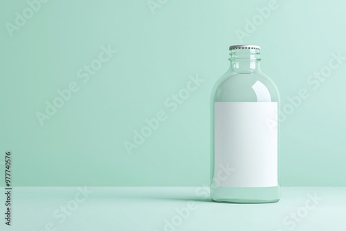 Transparent bottle on a mint background, featuring a blank label for customizable branding or design uses.