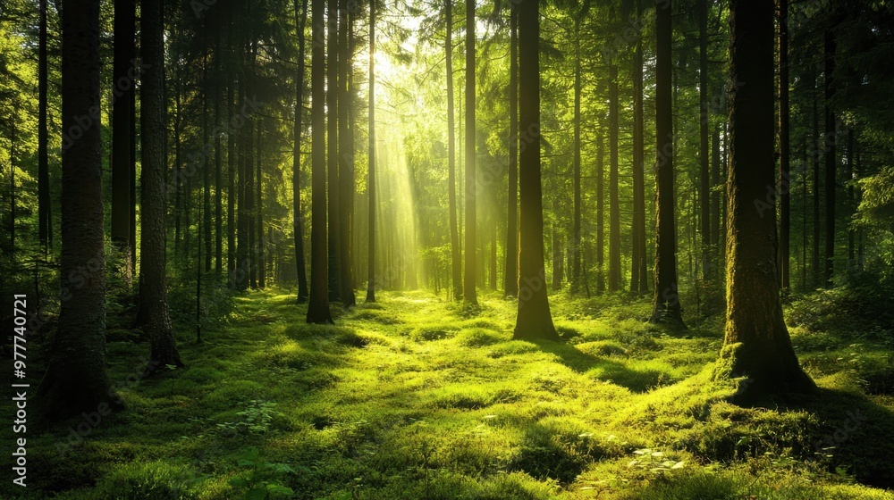 Fototapeta premium A peaceful forest with sunlight filtering through the trees, 50 keywords