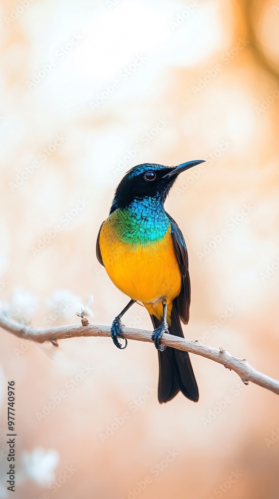 A solitary bird perched on a branch, set against a blurred, light-hued background that enhances its vibrant colors A solitary bird perched on a branch, set against a blurred, light-hued background that enhances its vibrant colors