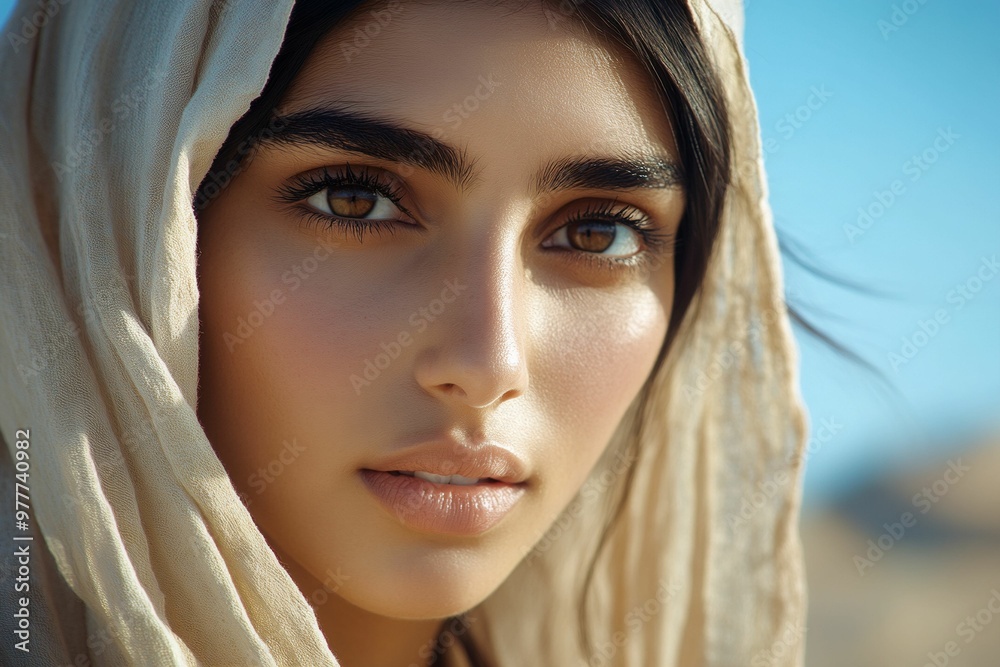 Close up portrait of Middle East lady with a scarf on his head. Close up portrait of Middle East lady with a scarf on his head.