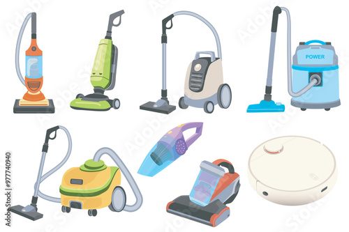 Vacuum cleaners set elements in flat graphic design. Bundle objects of appliances for cleaning and washing floor with uprights and hoses, hand car suction device, wireless robot. Vector illustration.