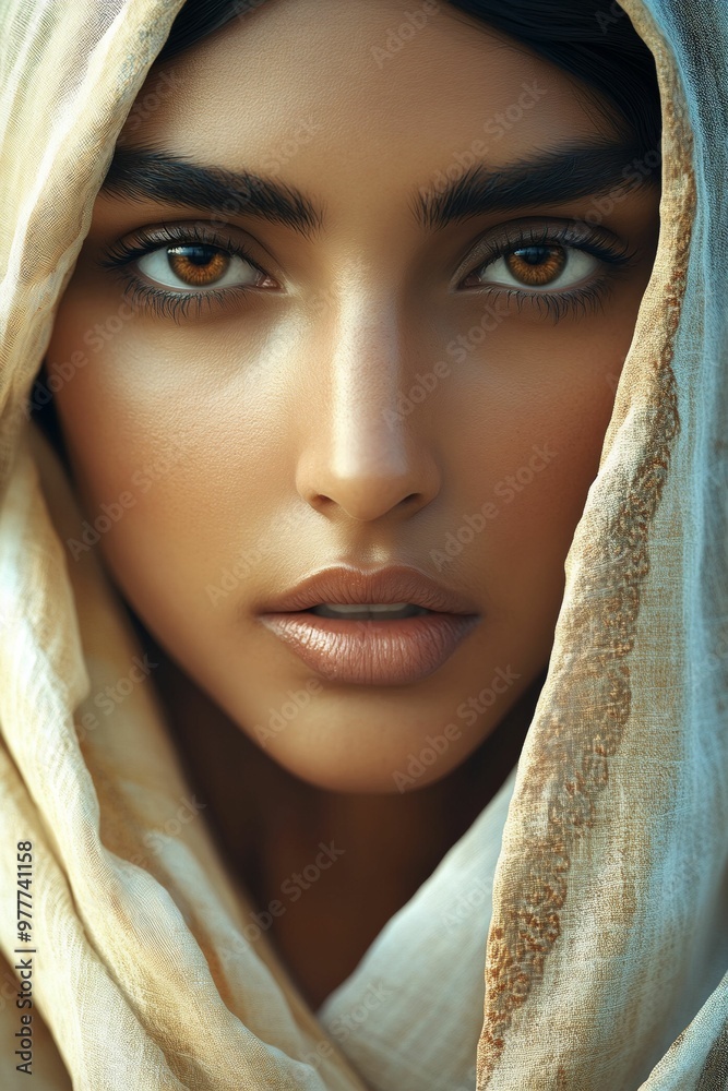 Close up portrait of Middle East lady with a scarf on his head. Close up portrait of Middle East lady with a scarf on his head.