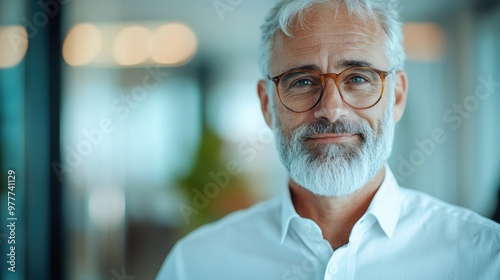 A middle-aged man with a friendly smile, white hair, and wearing glasses and a white shirt stands in a warmly-lit, indoor environment, exuding warmth.