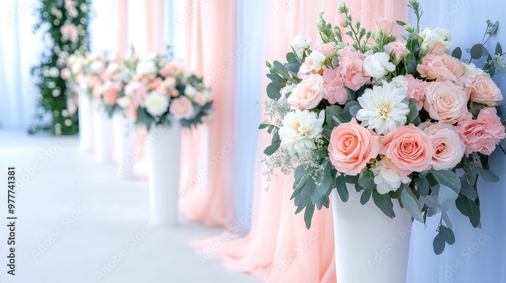 Elegant floral arrangement with soft pink roses and greenery, perfect for wedding decor or event celebration. Elegant floral arrangement with soft pink roses and greenery, perfect for wedding decor or event celebration.