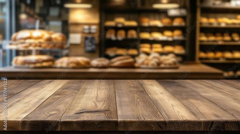 A bakery with a wooden counter top and a variety of breads on display. Scene is warm and inviting, with the wooden countertop adding a rustic touch to the scene A bakery with a wooden counter top and a variety of breads on display. Scene is warm and inviting, with the wooden countertop adding a rustic touch to the scene