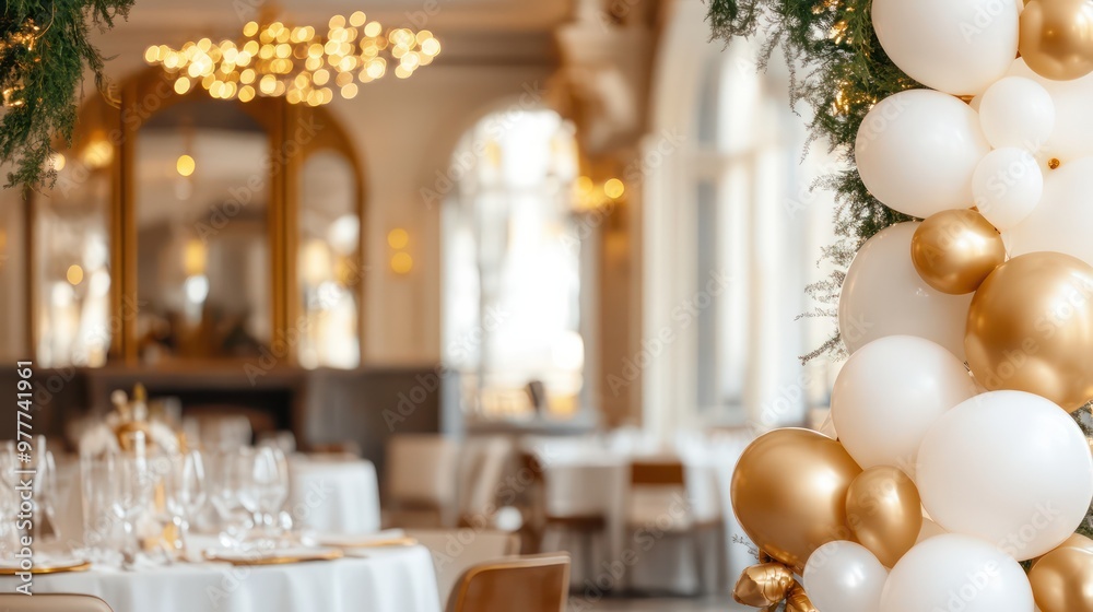 A banquet hall with tables and chairs, and a large balloon arch. The balloons are gold and white, and the room is decorated for a special occasion A banquet hall with tables and chairs, and a large balloon arch. The balloons are gold and white, and the room is decorated for a special occasion