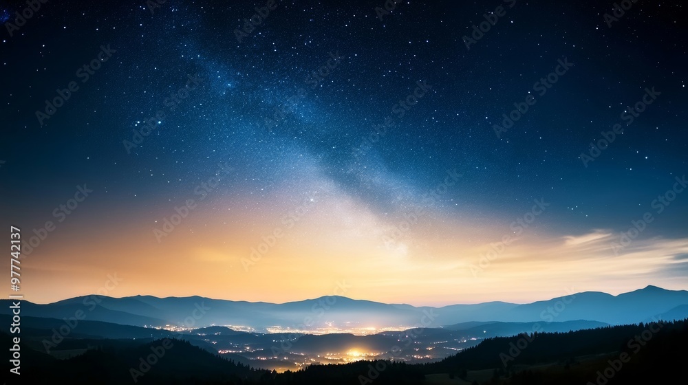 Fototapeta premium Starry night sky, horizon line, clouds blending with darkness.