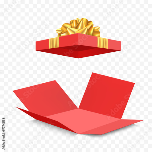 Mockup open red empty gift box with golden bow. Vector template isolated on transparent background.