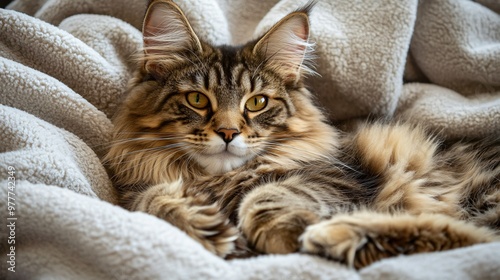A majestic Maine Coon cat lounging gracefully on a soft blanket, showcasing its fluffy fur and large tufted ears
