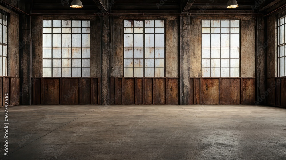 A large, empty room with three windows and a metal wall. The room is empty and has a very industrial feel A large, empty room with three windows and a metal wall. The room is empty and has a very industrial feel