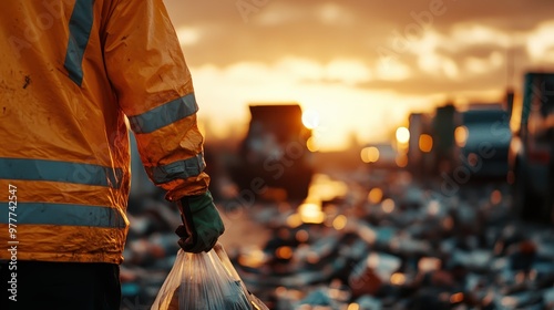 A worker in reflective gear walking amidst debris at sunset, highlighting themes of labor, resilience, and cleanup in a post-disaster or construction context. photo