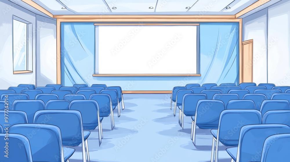 Empty conference room featuring blue chairs and a large projection screen, ideal for presentations and meetings. Empty conference room featuring blue chairs and a large projection screen, ideal for presentations and meetings.