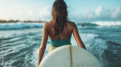 A surfer clutching their surfboard makes their way into the ocean waves under a clear and sunny sky, capturing the adventurous and free-spirited essence of surfing. photo