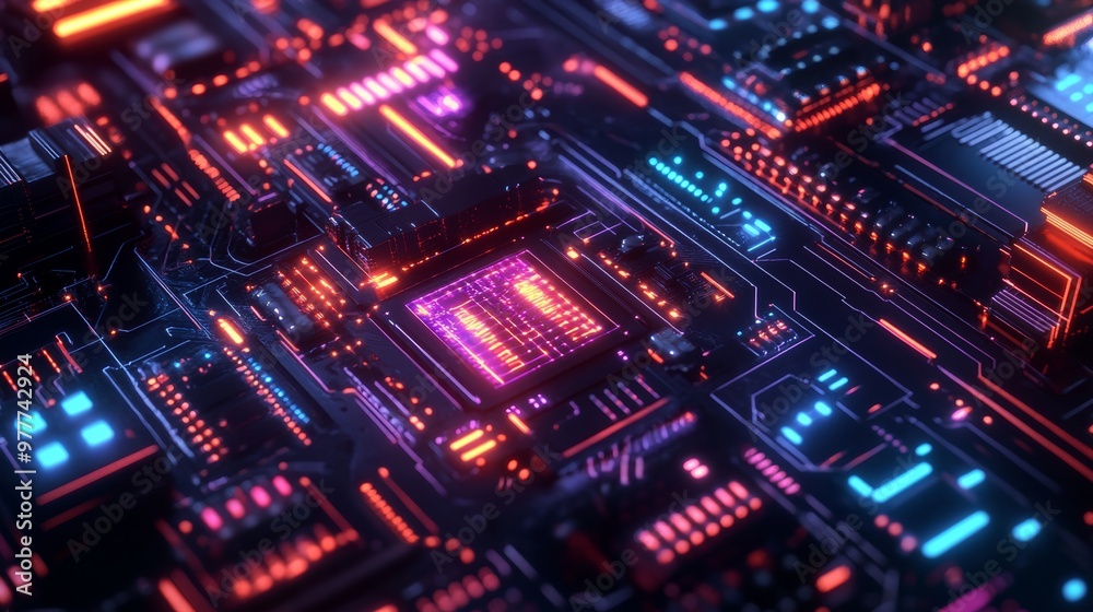 Fototapeta premium Futuristic Circuit Board with Neon Lights.