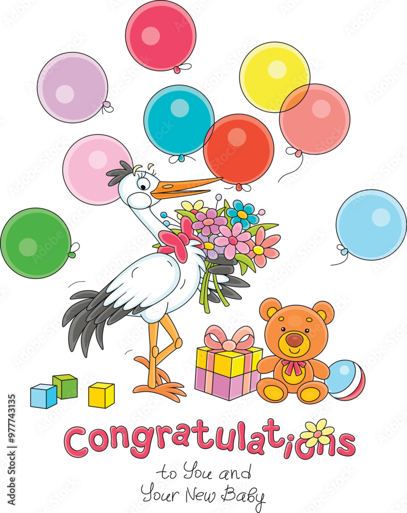 Naklejka premium Greeting card with a cute white stork with a bouquet of flowers and gifts with colorful holiday balloons flying around, vector cartoon illustration on a white background