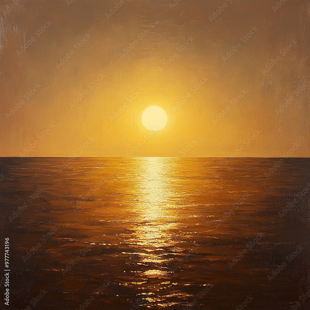 A golden sunset over calm sea creates serene atmosphere, with clear weather enhancing warm glow of sun reflecting on water A golden sunset over calm sea creates serene atmosphere, with clear weather enhancing warm glow of sun reflecting on water