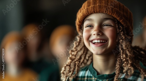 A joyful child with curly hair smiles brightly, clad in a woolen beanie and plaid attire, embodying youthful exuberance and warmth in a cheerful atmosphere. photo