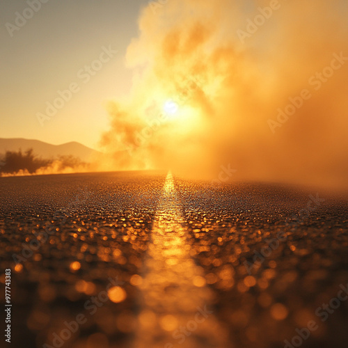 heat haze rising from hot asphalt road creates mesmerizing scene as sun sets, casting warm glow over landscape. shimmering effect adds sense of tranquility and beauty to extreme weather conditions