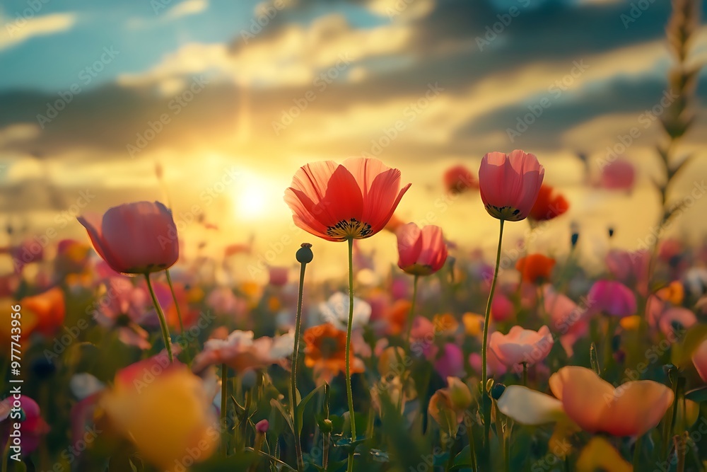 Obraz premium Poppy field at sunset with vibrant colors and golden light