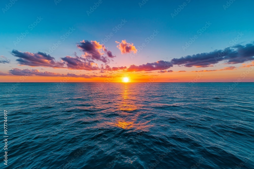 Obraz premium Calming coral sunset over the horizon, blending soft hues of pink and orange into the sky