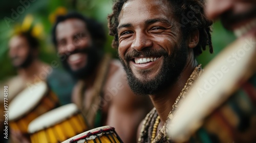 A group of smiling drummers playing together, showcasing a lively and vibrant cultural atmosphere filled with rhythm and community joy in a lush setting.