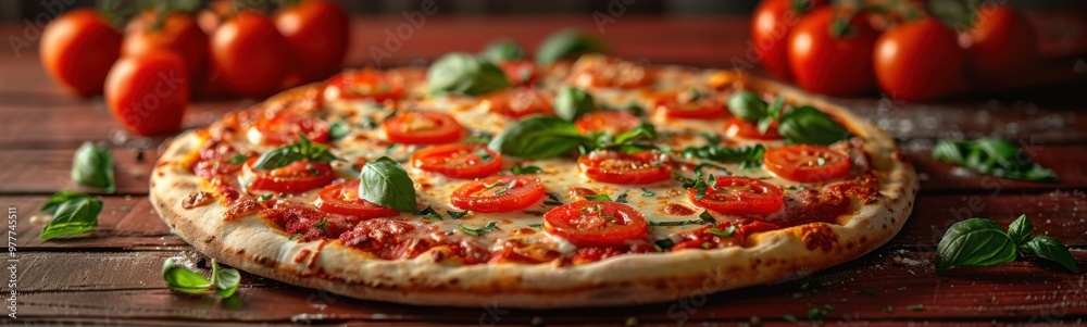 Tomatoes and basil on a pizza with basil leaves on top, pizza day, food background, banner Tomatoes and basil on a pizza with basil leaves on top, pizza day, food background, banner