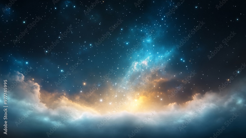 Stars twinkling in night sky, horizon line, drifting clouds, peaceful darkness. Stars twinkling in night sky, horizon line, drifting clouds, peaceful darkness.