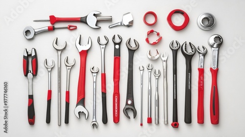 A set of various hand tools including wrenches, pliers, and screwdrivers arranged neatly on a light solid color background