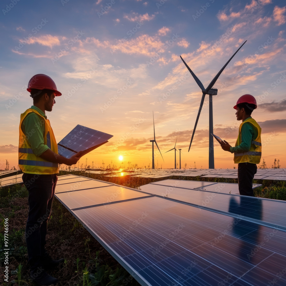 Engineering team analyzing wind turbine and solar power technologies, highlighting eco-friendly and renewable energy solutions with a sunset backdrop. Engineering team analyzing wind turbine and solar power technologies, highlighting eco-friendly and renewable energy solutions with a sunset backdrop.