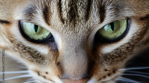 A close-up shot of an Ocicat cat's striking green eyes and distinctive fur patterns against a minimalistic backdrop