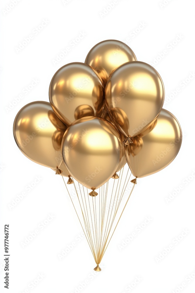 Golden Balloons. 3D Rendering of Gold Metallic Balloons for Birthday Celebration