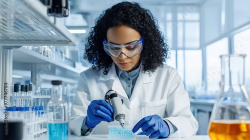 A scientist conducts an experiment with precision in a modern laboratory, showcasing innovation and research in science.
