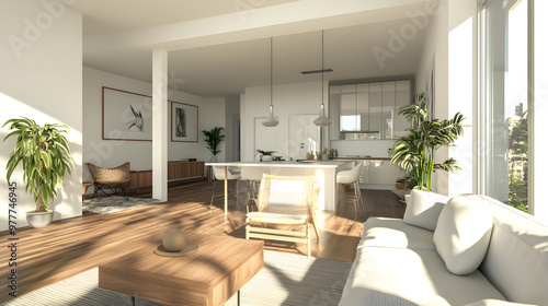 3D render of a downsized home interior with multifunctional furniture and clean lines.


 photo