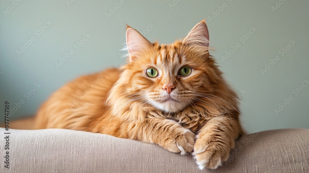 A fluffy orange tabby cat lounging on a soft cushion, with its green eyes gazing curiously at the camera, surrounded by a light solid color background A fluffy orange tabby cat lounging on a soft cushion, with its green eyes gazing curiously at the camera, surrounded by a light solid color background