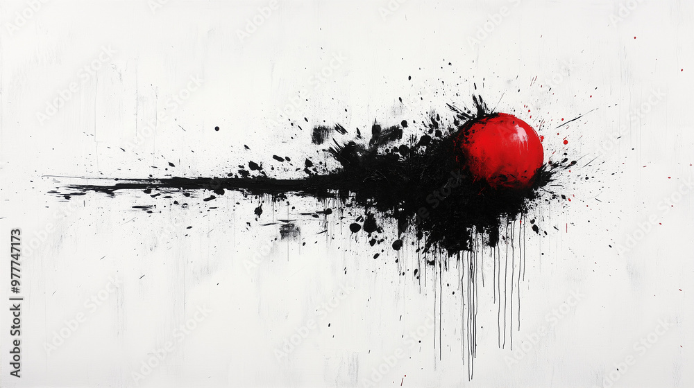 Single tomato with black paint splatter on white background, abstract art Single tomato with black paint splatter on white background, abstract art