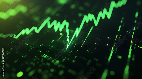 3D render of a stock market graph showing sharp upward growth with green arrows and digital data points.