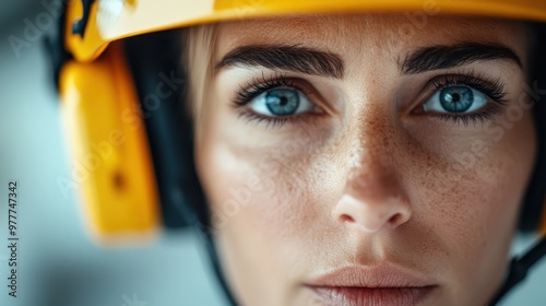 A woman wearing safety gear and a hard hat intensely focuses on her task, showcasing dedication and professionalism in an industrial setting against blurred background. photo