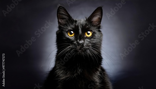 A black cat with bright yellow eyes