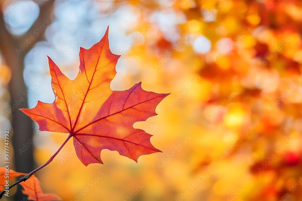 Single red maple leaf with blurred autumn forest background. Closeup of colorful foliage in nature Single red maple leaf with blurred autumn forest background. Closeup of colorful foliage in nature