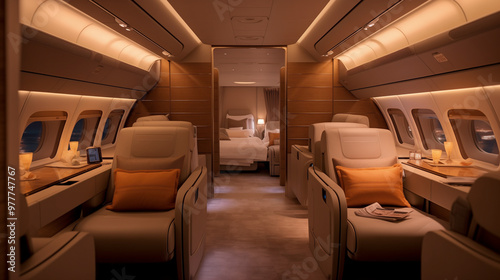Luxurious private jet interior with cozy seating and ambient lighting