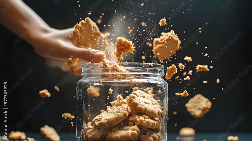 Hand Smashing a Cookie Jar: A hand smashing a glass cookie jar, with cookies and pieces scattering.
Hand Smashing a Cookie Jar: A hand smashing a glass cookie jar, with cookies and pieces scattering.