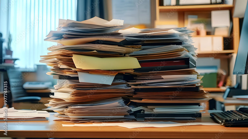 Overloaded inbox tray with stacks of paperwork in an administrative office. Overloaded inbox tray with stacks of paperwork in an administrative office.
