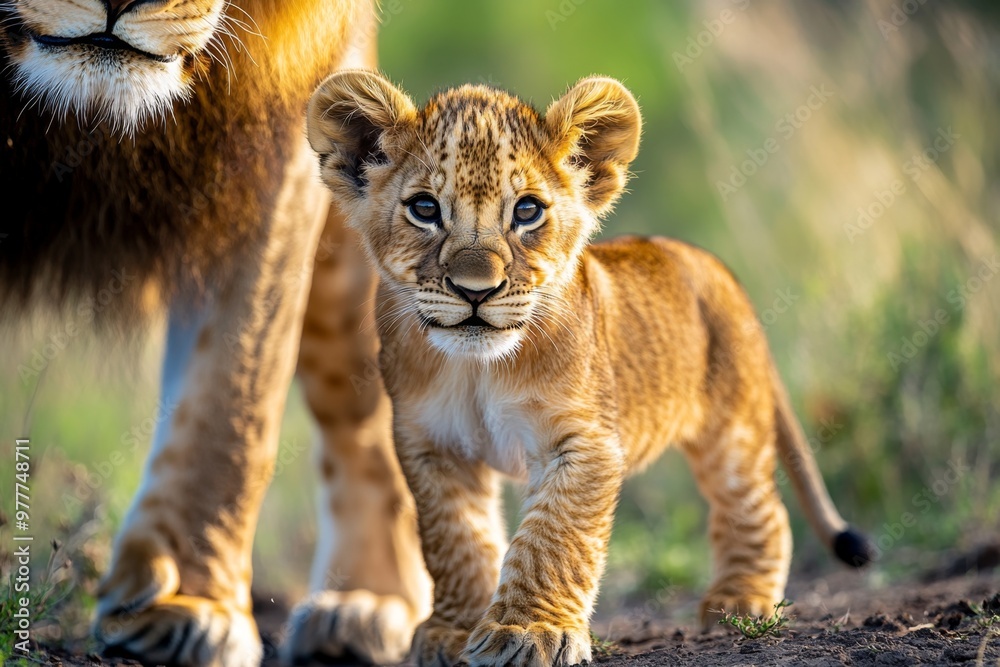 Obraz premium Kenya lion cub cautiously approaching its mother, learning the ways of the wild step by step