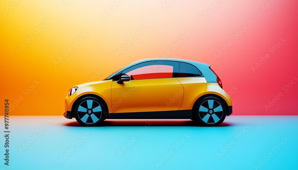 Obraz premium A vibrant yellow car stands out against a colorful gradient background, showcasing modern design and urban style.