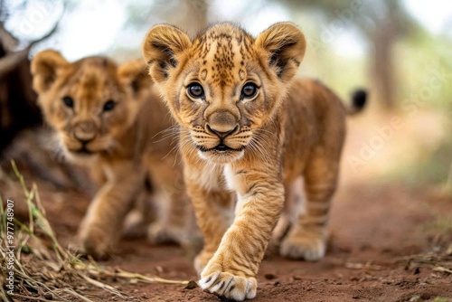 Kenya lion cubs learning to stalk and hunt, playfully pouncing on each other under the watchful eye of the pride