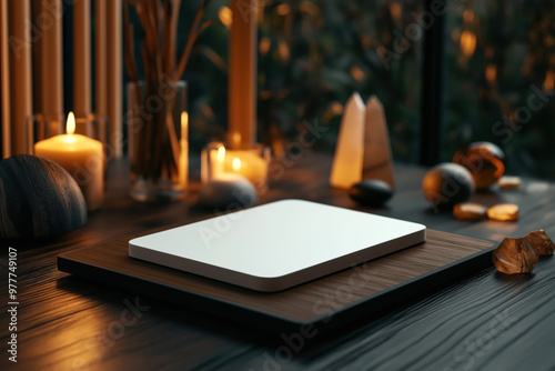 Elegant mockup scene featuring a blank tablet on a wooden surface surrounded by warm candles and decor in a cozy setting. Ideal for showcasing designs or presentations.