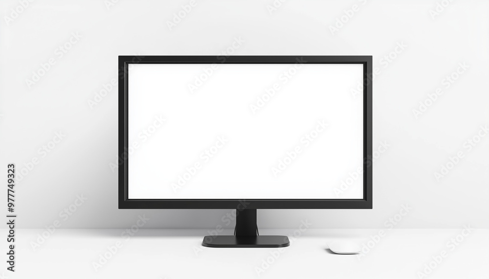 Black desktop monitor with blank white screen and wireless mouse on white background Black desktop monitor with blank white screen and wireless mouse on white background