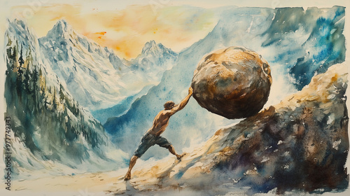 watercolor illustration of Sisyphus rolling enormous boulder rock up hill