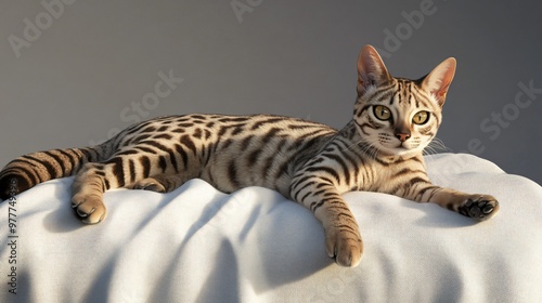 A realistic Raas cat lounging on a soft blanket, showcasing its intricate fur patterns, with a light solid color background